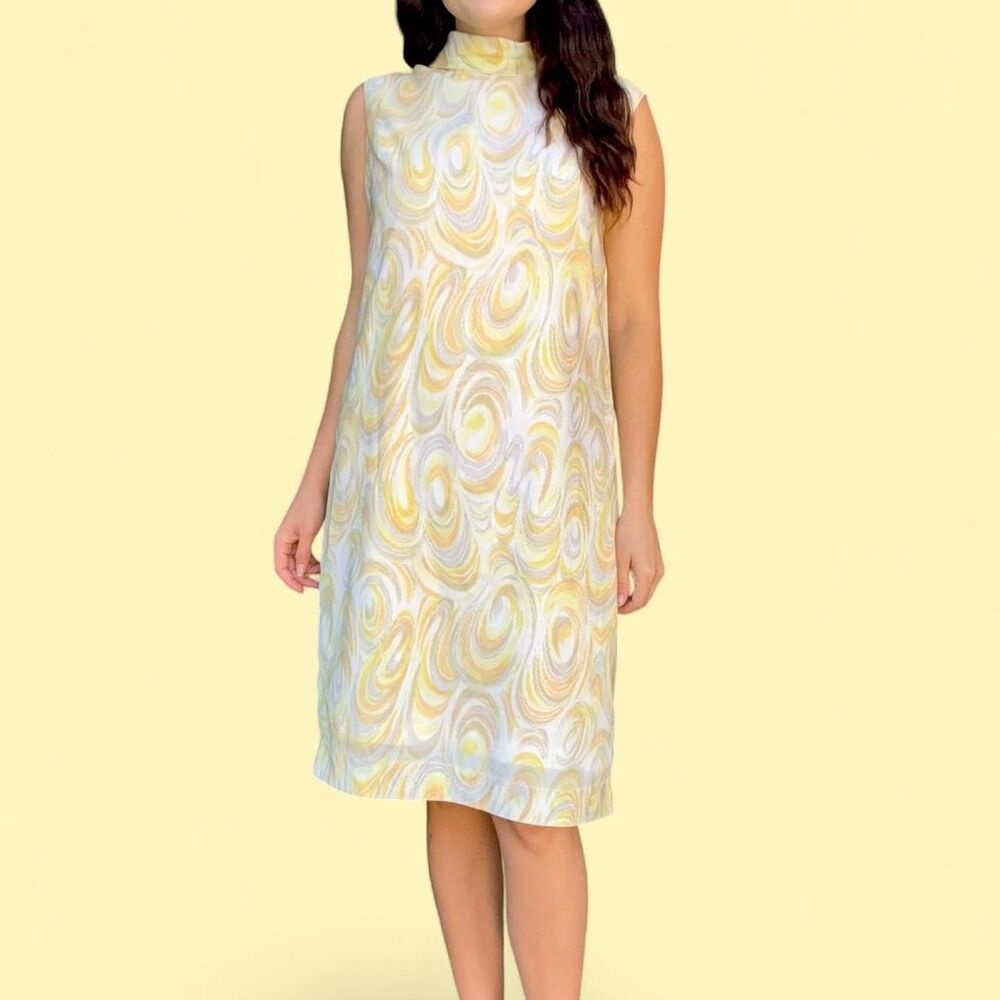 Vintage 70s Psychedelic Swirl Mod Shift Mockneck Dress by Gla Dee of California